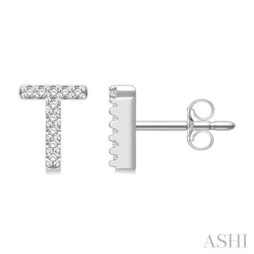 1/10 Ctw Initial 'T' Round Cut Diamond Earrings in 10K White Gold